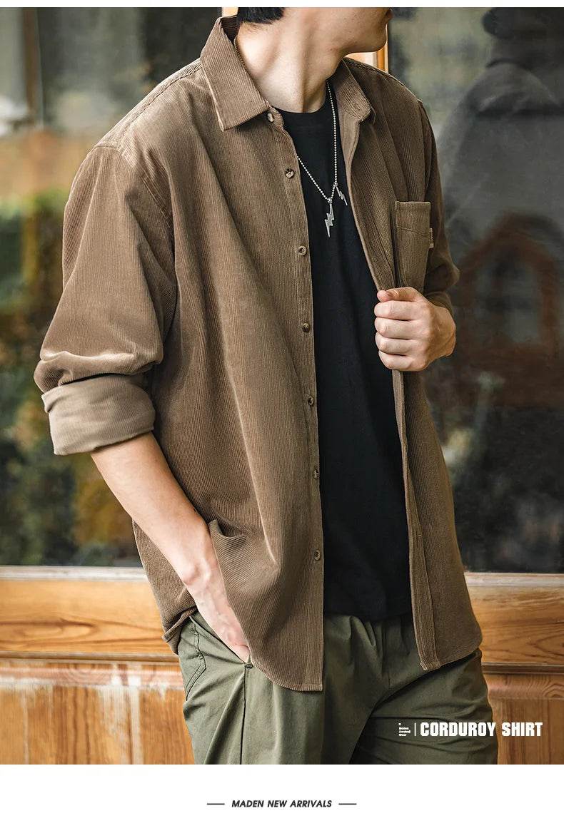 Maden Men's Shirt Casual Corduroy Long Sleeve Shirts Slim Fit Overcoat Spring Fleece Jacket Men's Clothing Retro Fashion Blouses - AIAZ
