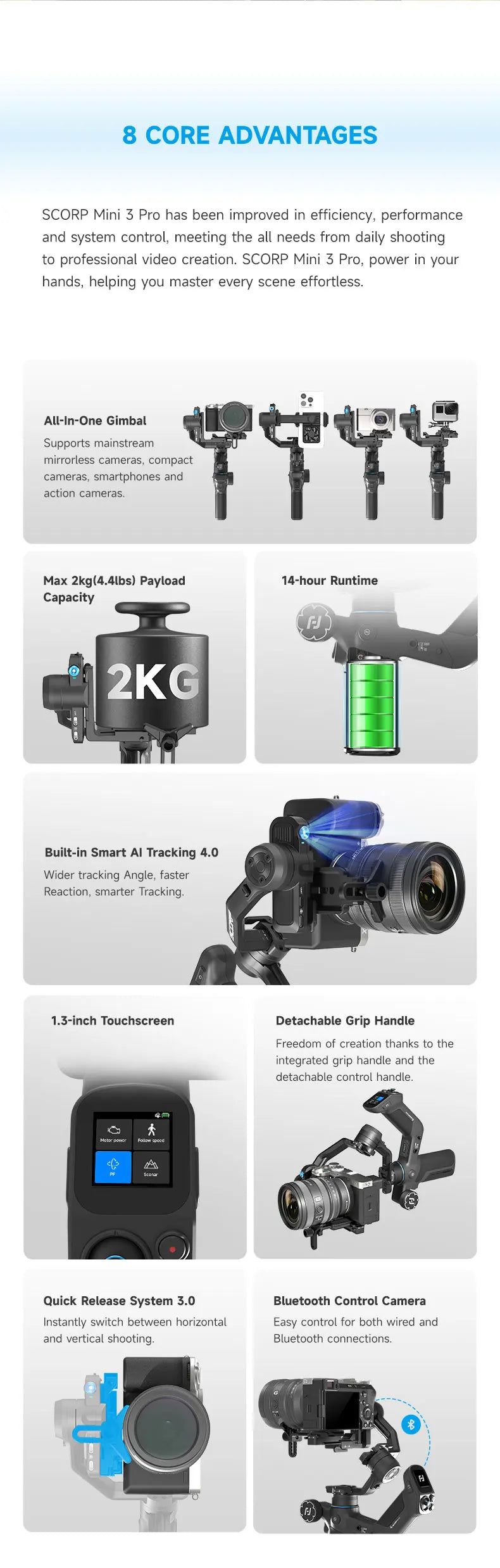 FeiyuTech SCORP Mini 3 Pro Gimbal with Detachable Remote Handle & AI 4.0 Tracking for Mirrorless, Action Camera & Smartphones