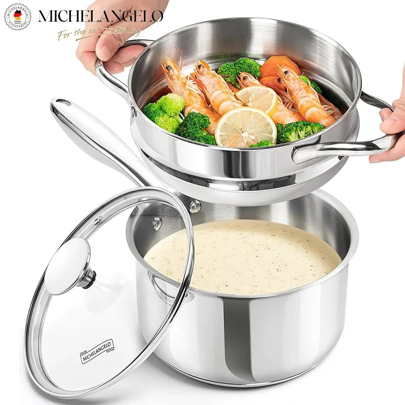 MICHELANGELO Milk Pot Set with Steamer 2.5QT Stainless Steel Saucepan with Lid Steamer Pot with Pour Spout Induction Oven Safe