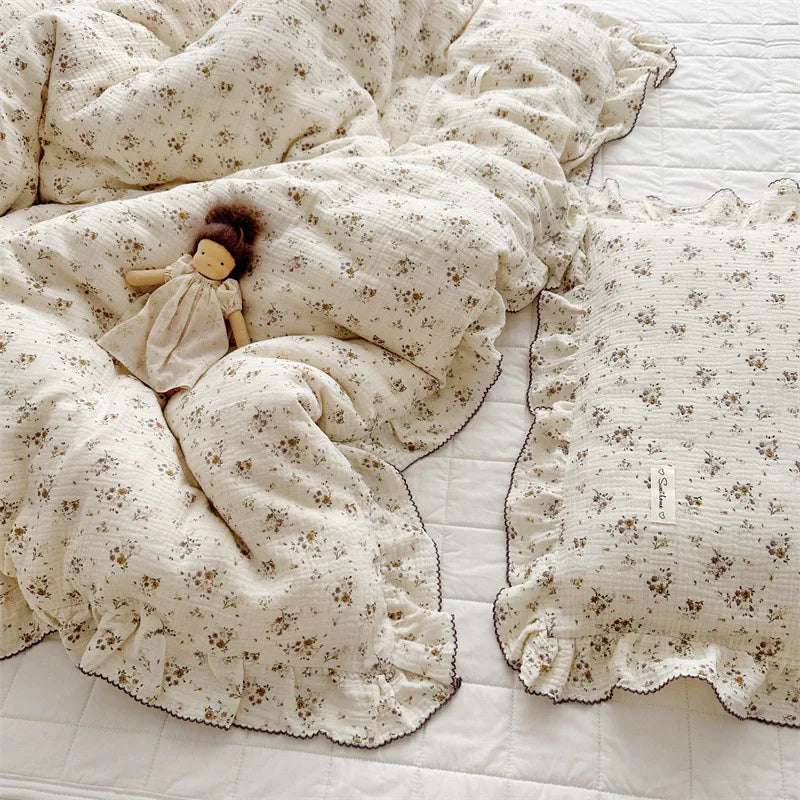 3pcs Bedding Set Vintage Floral Muslin Cotton Baby Children Crib Bed Linen Duvet Cover Sheet Pillowcase Without Filler