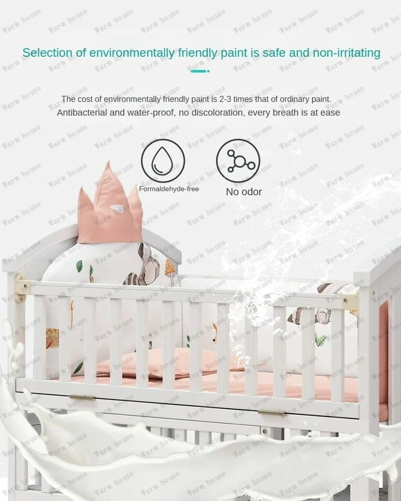 Solid wood spliced crib Multifunctional European style children's bed Movable newborn cradle large bed Baby Rest Chair