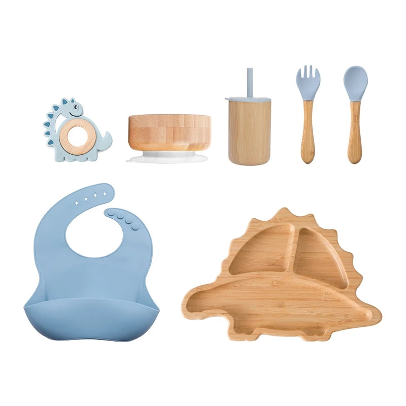 7pcs Silicone Baby Feeding Set Baby Feeding Supplies Kids Bamboo Dinnerware With Cup Children's Dishes Bowl Stuff Tableware Gift