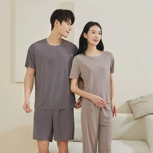Ice Silk Pajama Sets For Women Men Round Neck Short Sleeve Sleepwear Suits Comfortable Breathable Summer Casual Home Clothes - AIAZ