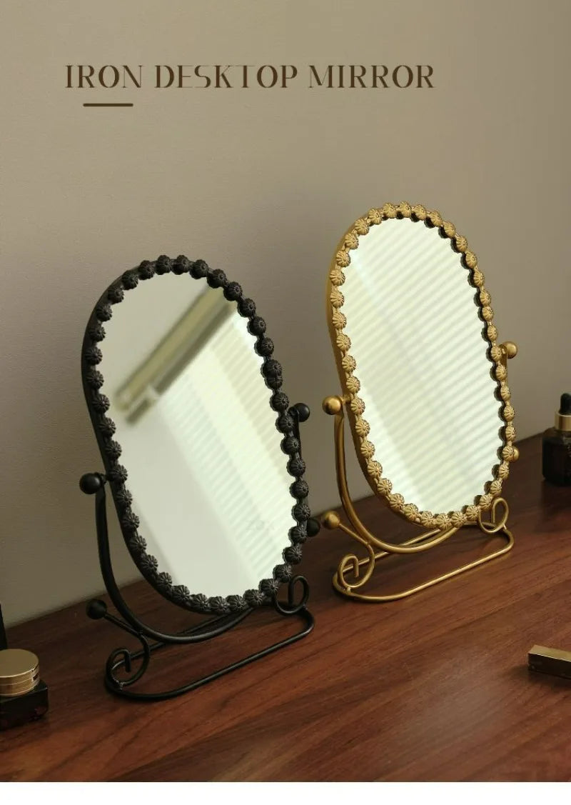 Light Luxury Wrought Iron Vertical Mirror Rotatable Retro Makeup Mirror Bedroom Vanity Mirror Desktop Ornament Photo Props