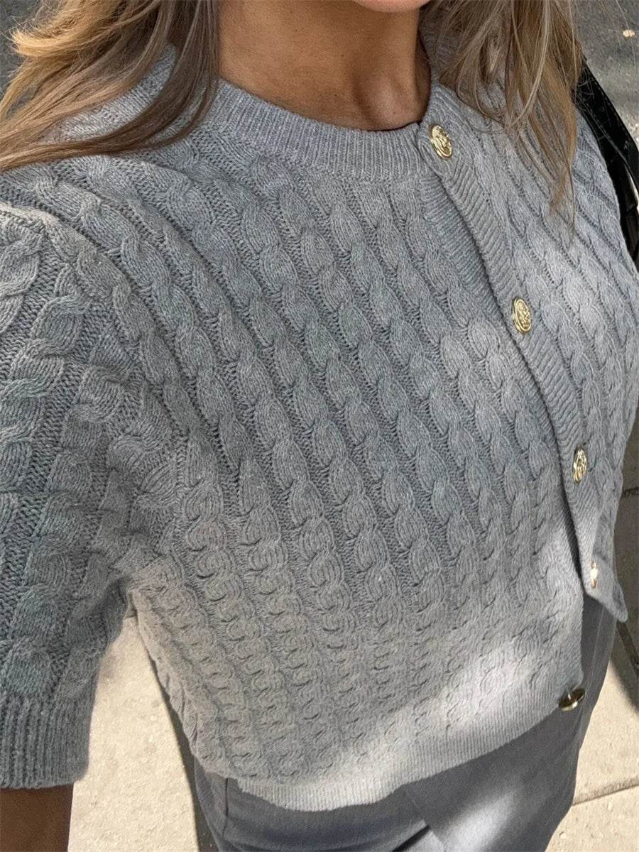 Women's Cable Knit Cardigan Solid Color Round Neck Short Sleeve Button-front Closure Crop Sweaters - AIAZ