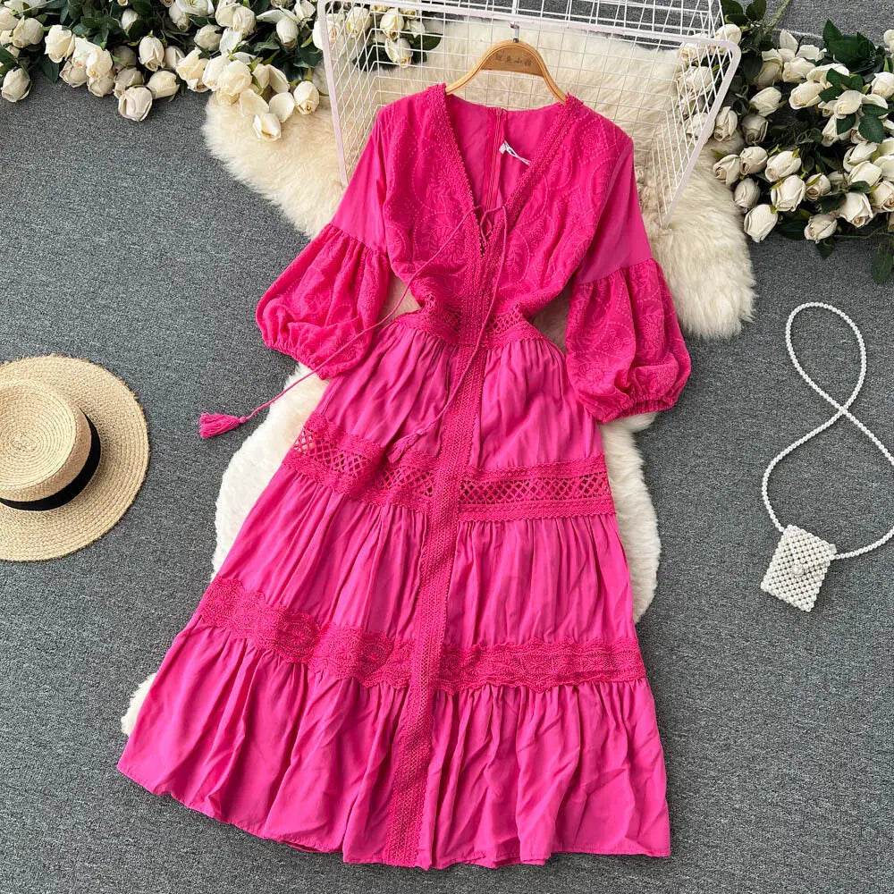 New Women Lantern Sleeved Elegant Dress Summer French Hollowed Out Mid Length Dresses Korean Style Vintage Long Dress - AIAZ