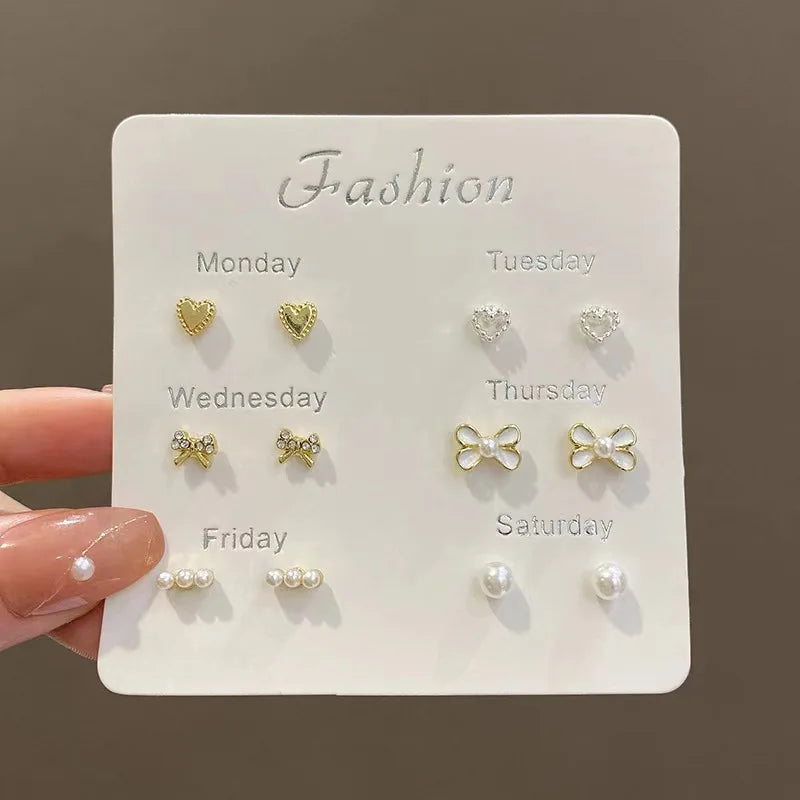 7 Pair/Set Korean Silver Color Fashion Geometric Female Small Earrings Multiple Pairs of Butterfly Cute Stud Earrings Jewelry