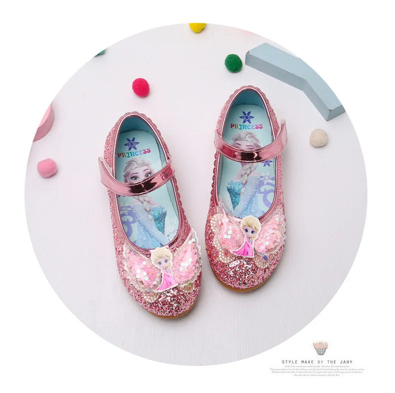 Disney Elsa Frozen Girls Princess Shoes Spring and Autumn Flat Paillette Shoes Children's Soft Sole Baby Casual Shoe Party Shoes