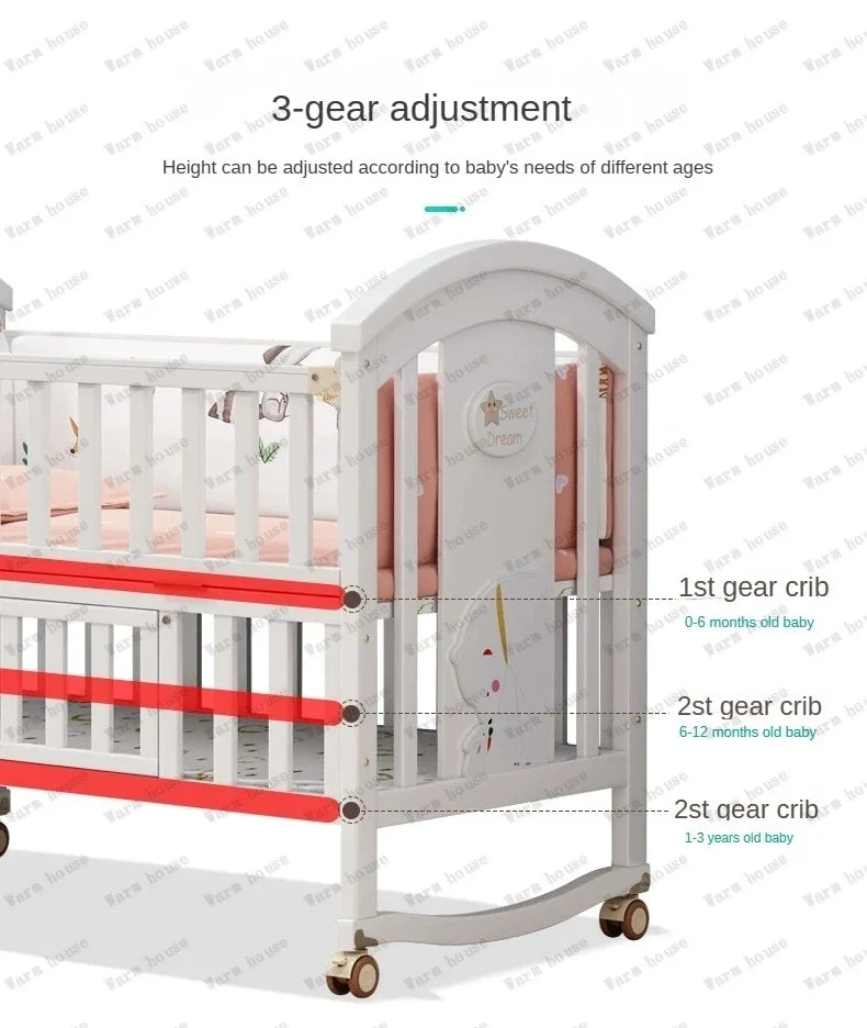Solid wood spliced crib Multifunctional European style children's bed Movable newborn cradle large bed Baby Rest Chair