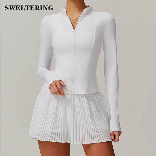Yoga Sets Workout Sets for Women 2 Pieces Gym Suits Long Sleeved Outfits Zipper Fitness Jacket Running Short Skirt Sportswear - AIAZ