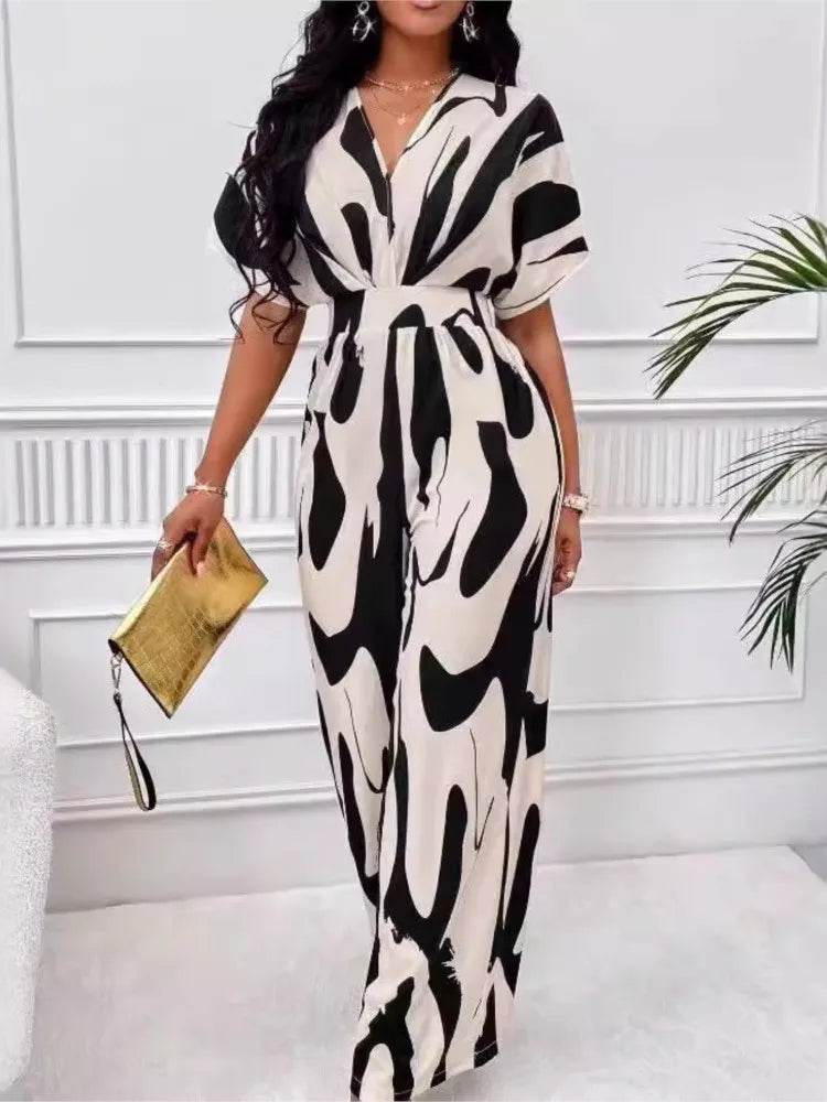 Women Fashion Jumpsuit Short Sleeved High Waist Sexy V-neck Print Wide Leg Long Pants Jumpsuits Summer New Casual Women Clothes - AIAZ
