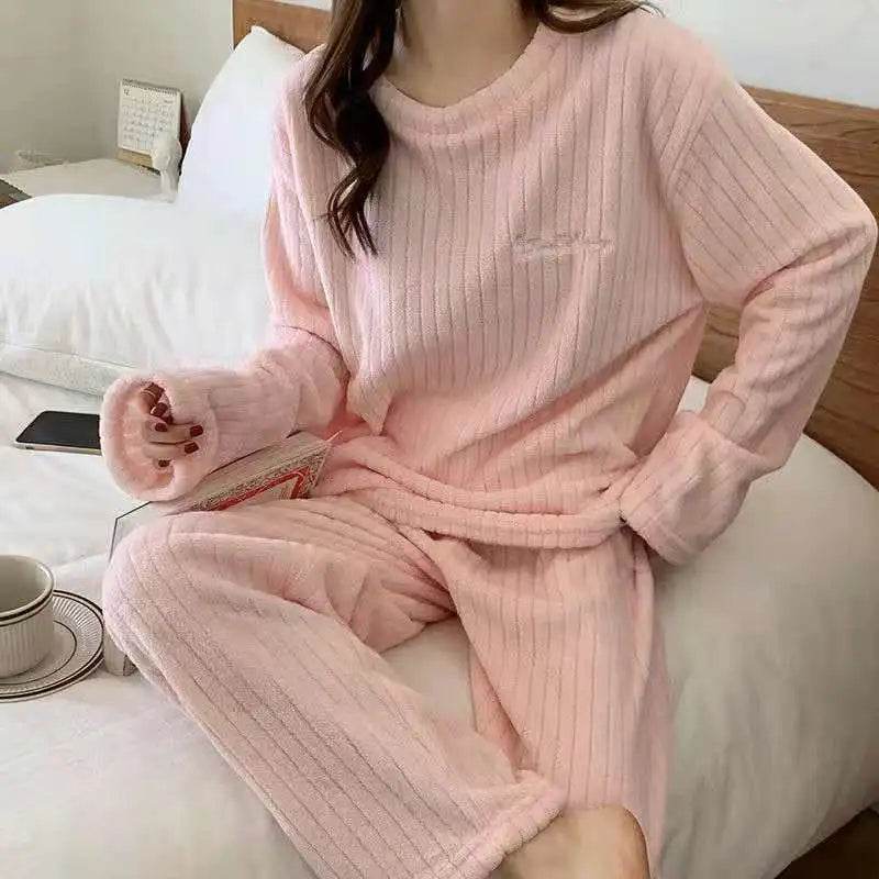 Autumn Women Solid Warm 2 Piece Sets Thicken Velvet Ribbed Fleece Set Pullover And Pants Women Casual Pajama Sets 2024 - AIAZ