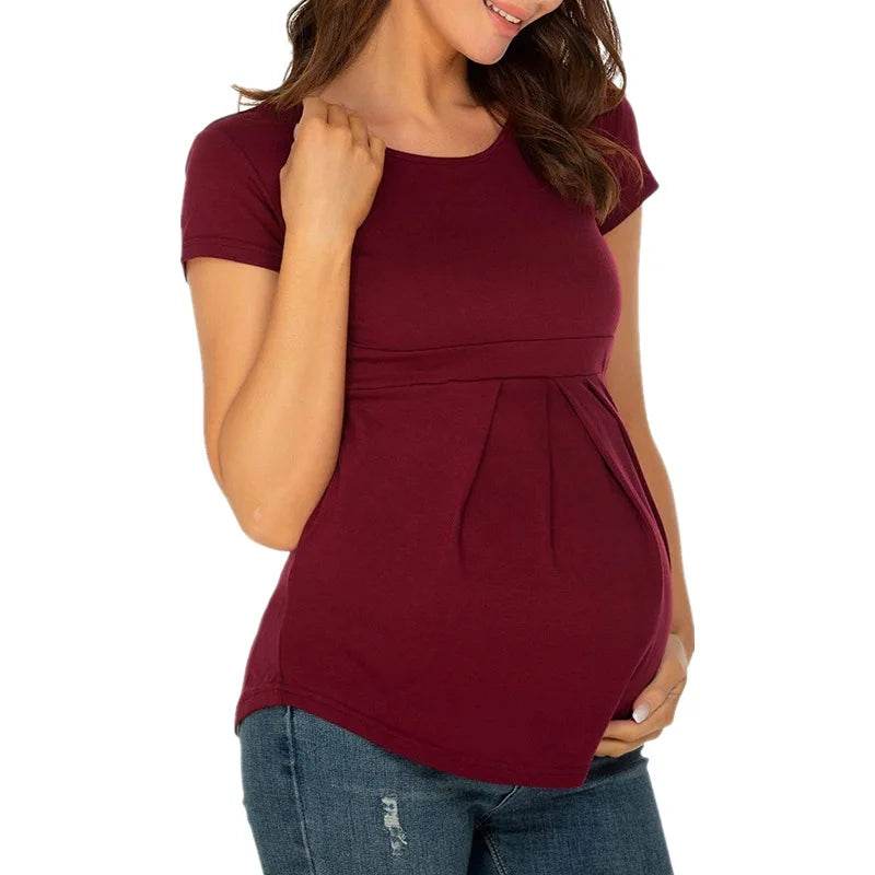 Summer Maternity Tops Women Pregnancy Short Sleeve T-Shirts Casual Tees for Pregnant Elegant Ladies Folds T-Shirt Women Clothes - AIAZ