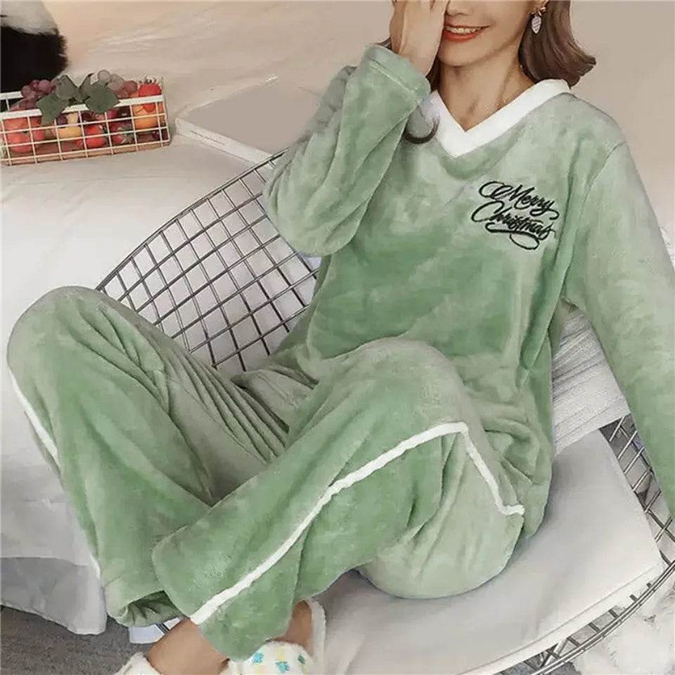 Autumn Winter Flannel Women's Pajamas Sets Polka Dots Printed Teddy Sleepwear Velvet Homewear Kawaii Girsl Pijamas Mujer Pyjama - AIAZ