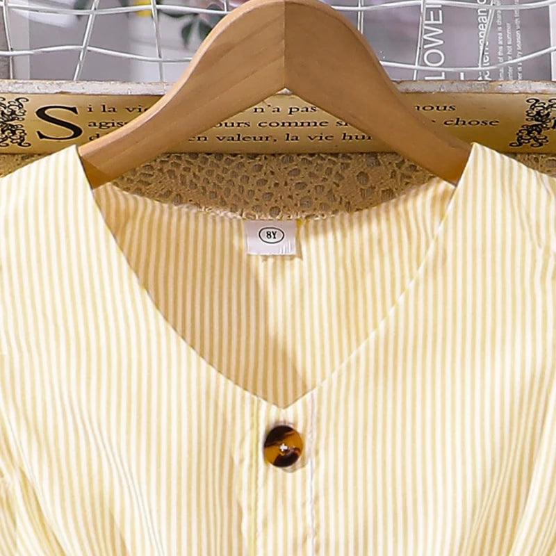 Girl Dress Summer New Light Blue Stripe Ruffled Sleeveless V-Neck Dress Elegant Cute Daily Casual Vacation Preppy Style Outifits