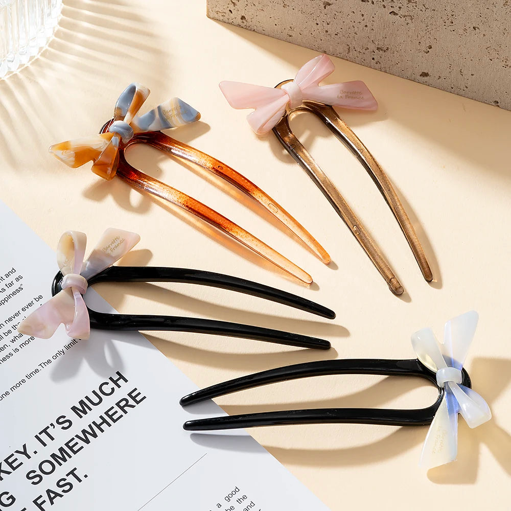 New Acetate Bow U-Shaped Hair Sticks for Women Girls Acrylic Hair Fork Bun Sweet Trendy Hairpin HairStyling Hair Accessories