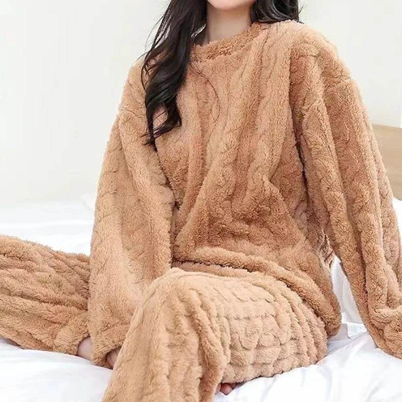 Autumn Women Solid Warm 1/2 Piece Sets Thicken Velvet Ribbed Fleece Set Pullover And Pants Women Casual Pajama Sets 2025 - AIAZ