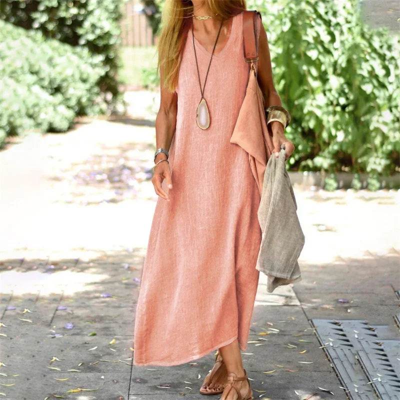 Women V Neck Pullover Cotton Linen Dresses Solid Color Loose Waist Dress Female Summer Daily Comfortable Casual Sleeveless Gown - AIAZ