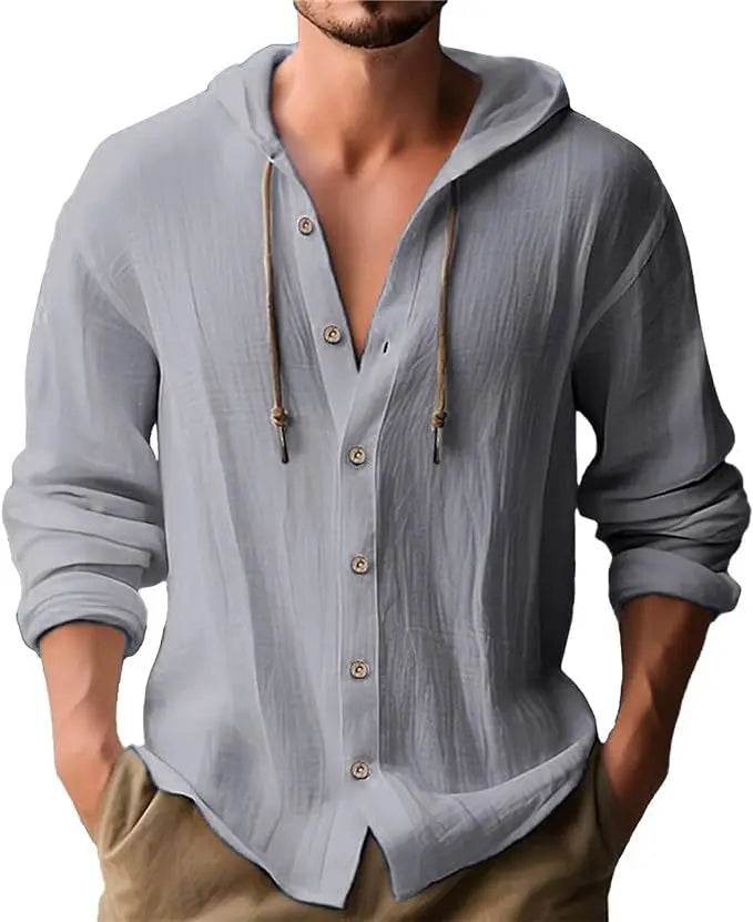 Men's T-shirt Long-sleeved Hooded Cotton Linen Buttons Basic Casual Street Fashion Top Streetwear Tees - AIAZ