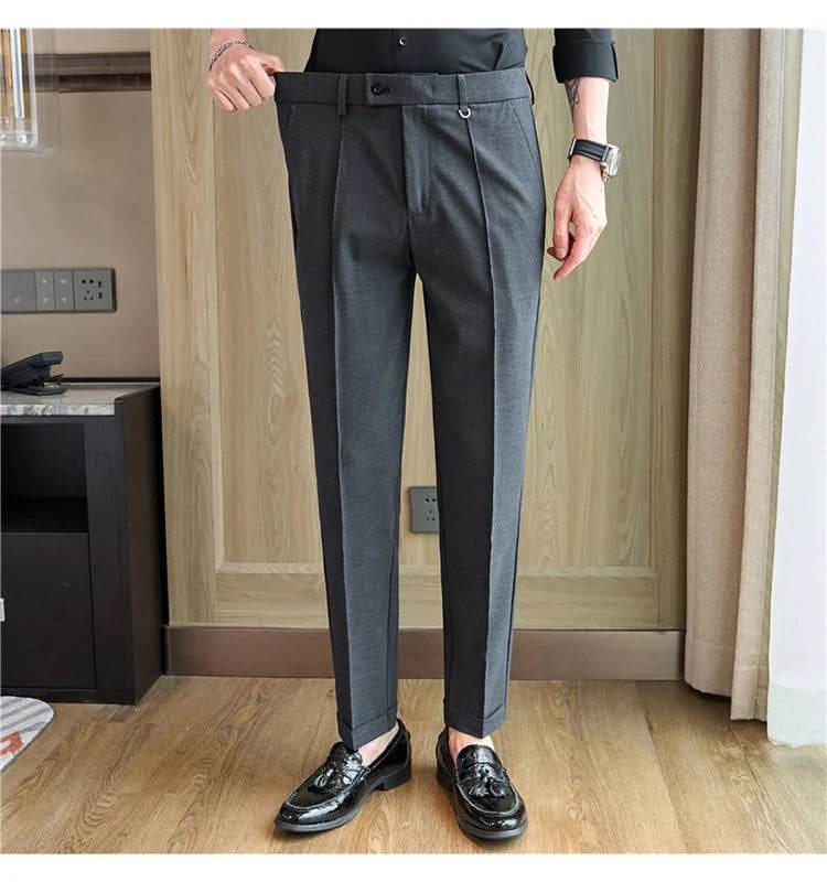 Men's business casual trousers, daily formal work pants, 2024 new high quality, plain color versatile ankle-length trousers. - AIAZ