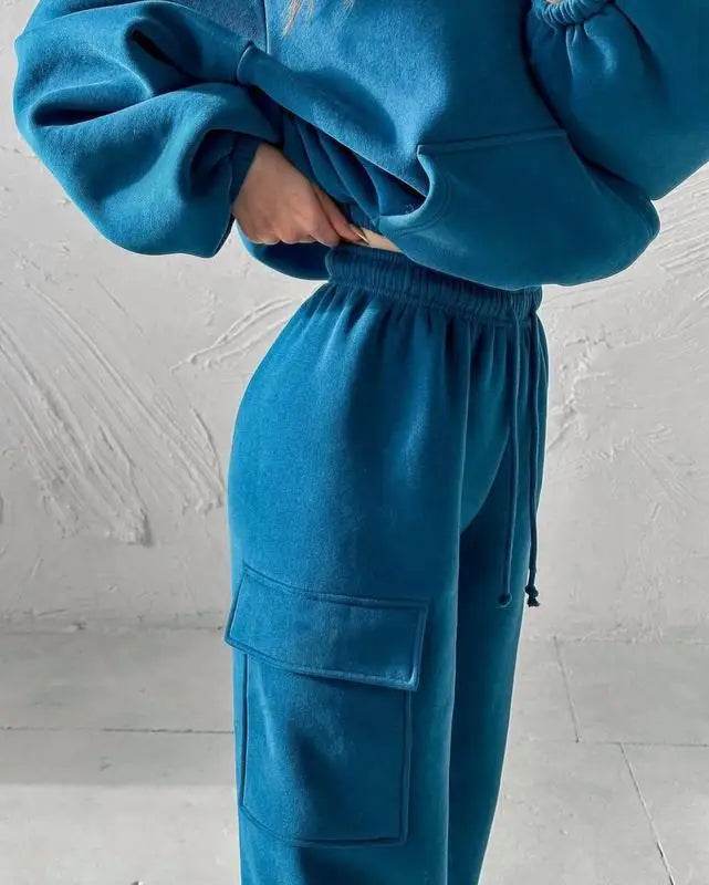Hoodies Suit Winter Autumn Solid Casual Tracksuit Women Fleece 2 Pieces Set Sports Sweatshirts Pullover Jogger Sweatpants Outfit - AIAZ