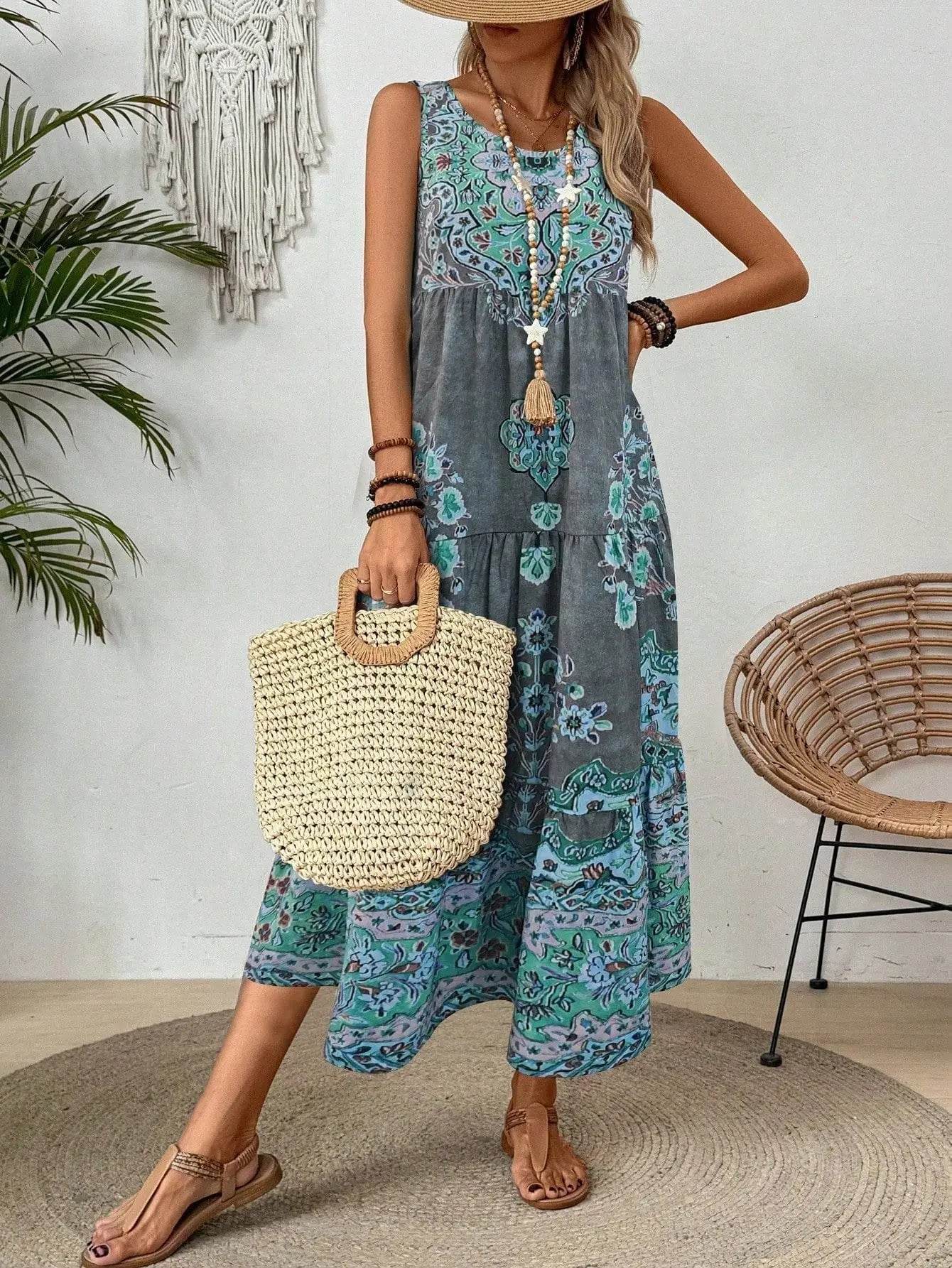 Women Vintage Print Sleeveless O-neck Vest Long Dresses 2025 Summer Fashion New Beach Vacation A-line Dress Woman Loose Dress - AIAZ