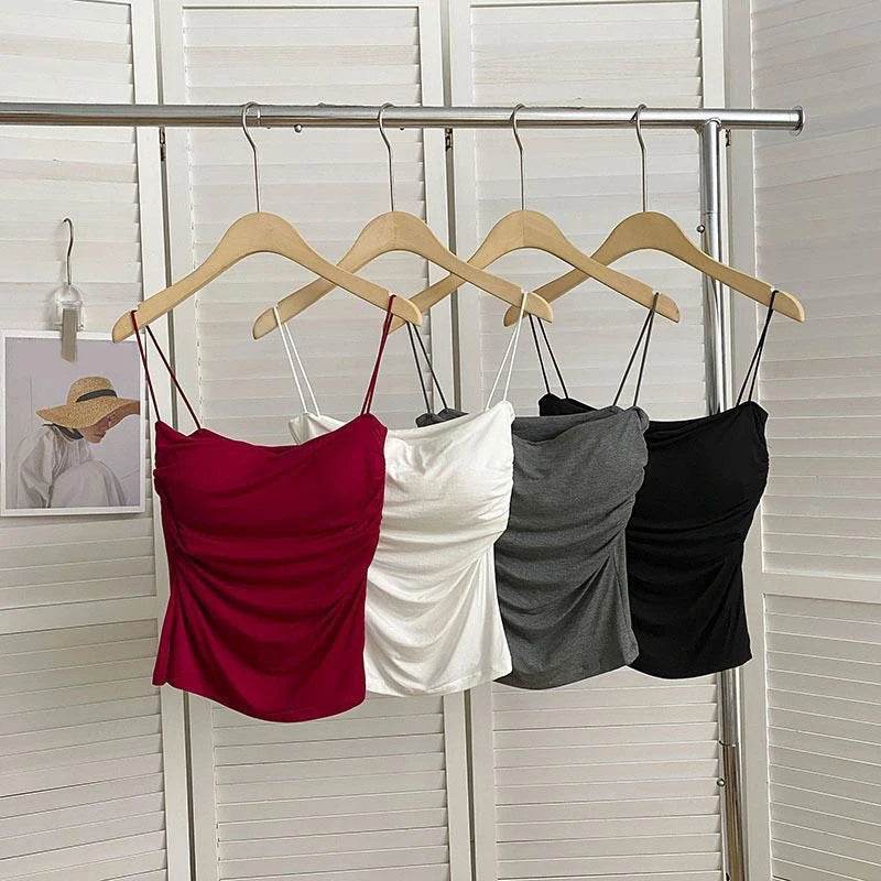 Summer Camisoles Tank Tops Women With Built In Bra Spaghetti Strap Tanks Vest Sleeveless Tees Cropped Top Solid Color Casual Top - AIAZ