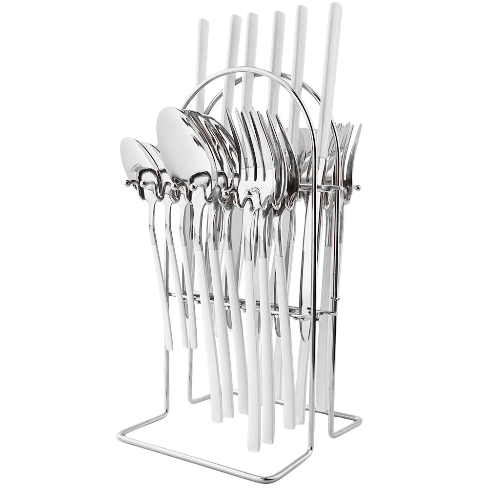 24pcs Knife Fork Spoon Dinnerware Set Rose Gold Tableware Stainless Steel Flatware Kitchen Cutlery Set with Luxury Storage Rack