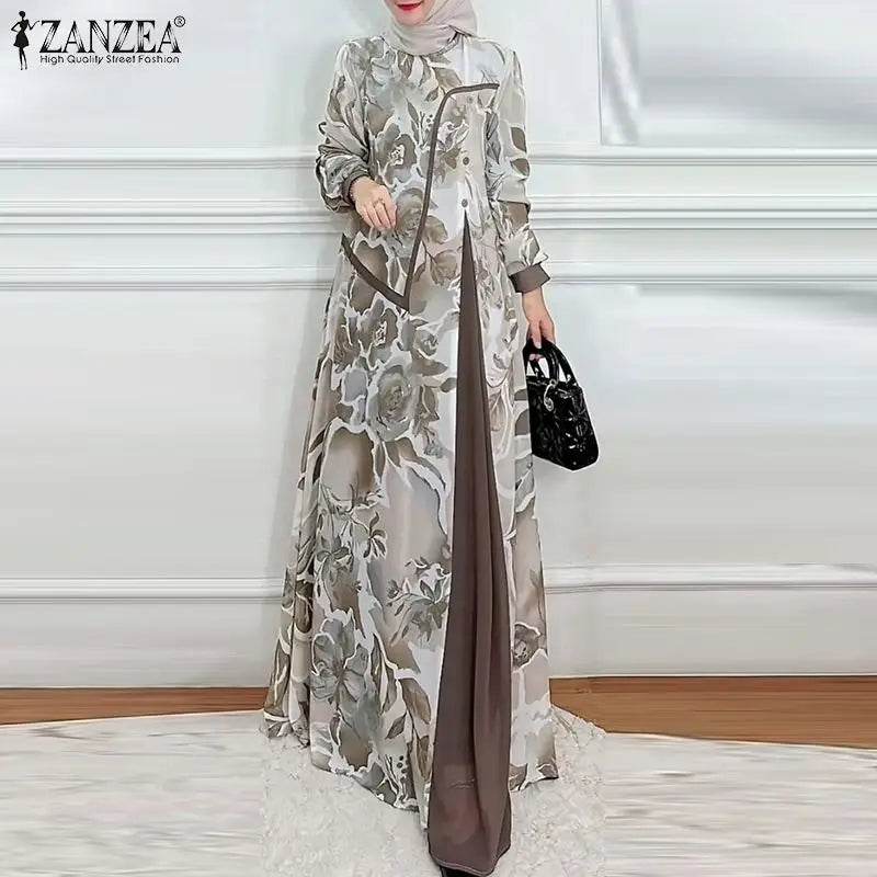 ZANZEA Muslim Fashion Floral Print Maxi Dress Women Elegant Fake Two-Piece Patchwork Abaya Vestidos Islamic Long Sleeve Robes - AIAZ