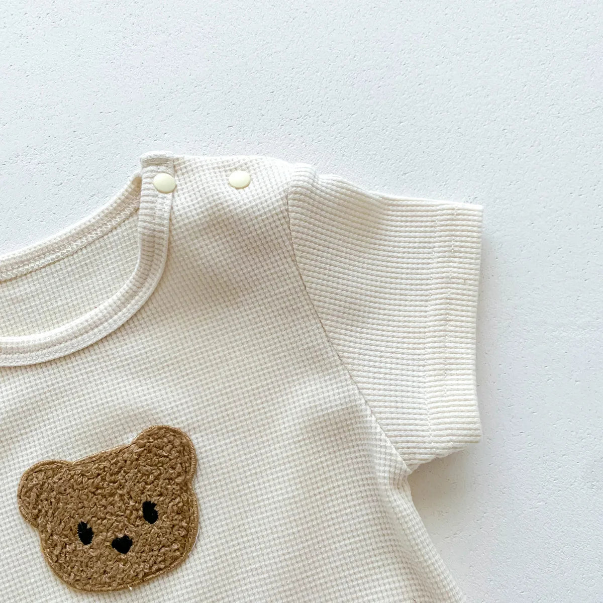New In Summer Kids Baby Girls Boys Short Sleeve Waffle Patch Bear Infant Newborn Jumpsuits Cotton Romper Gift Hat with Ear