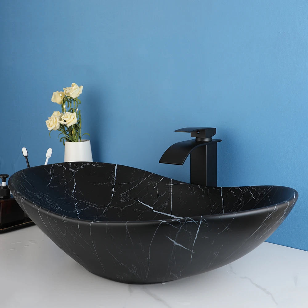 JIENI European Style Bathroom Sink Set Ceramic Washbasin Black Waterfall Faucet Pop Up Drain Combo Oval Counter Top Sinks