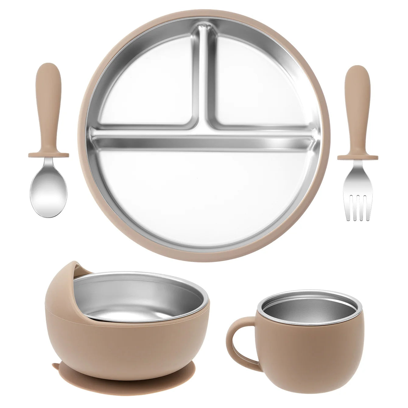 5PCS Stainless Steel Detachable Dishes Plate Baby Feeding Set With BPA Free Silicone Bowl Cup Infant Training Fork Spoon Gifts