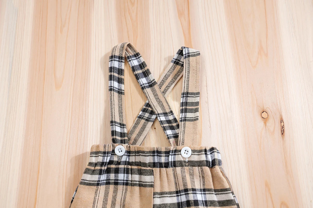 2PCS IURNXB Baby Clothes Sets Short Sleeve Boys Infant Plaid Bear Bodysuit+Suspenders Trousers Set Overall Newborn Outfits 1-18M