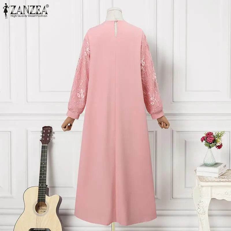 Autumn Muslim Fashion Long Dress ZANZEA Women Long Sleeve O Neck Vestidos Dubai Kaftan Maxi Sundress Robe Elegant Lace Abaya - AIAZ