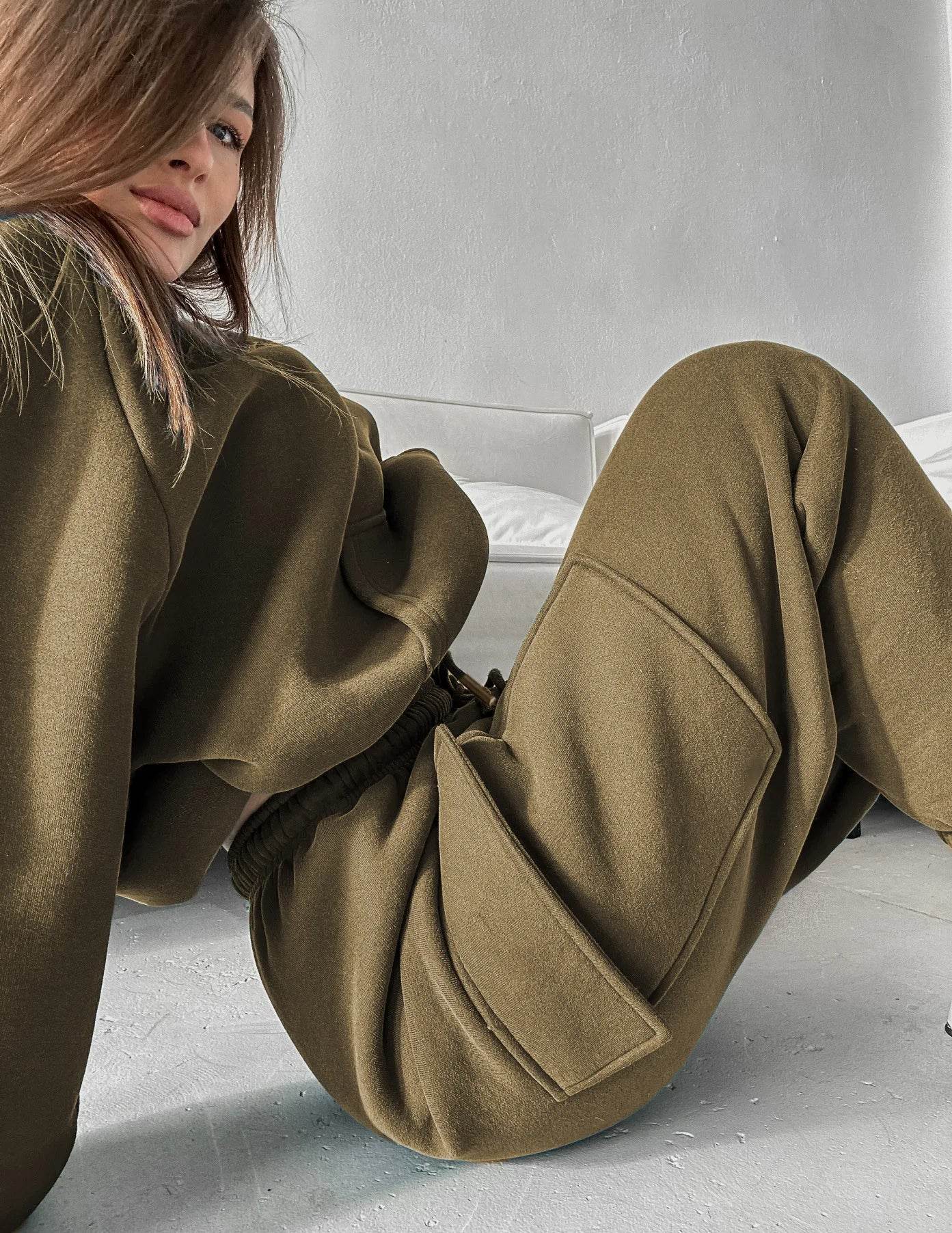 Hoodies Suit Winter Autumn Solid Casual Tracksuit Women Fleece 2 Pieces Set Sports Sweatshirts Pullover Jogger Sweatpants Outfit - AIAZ