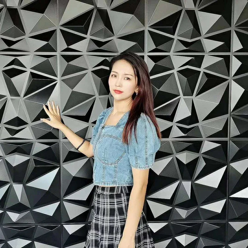 12PC 50x50cm 3d art plaster cut geometric diamond carved wood adhesive bottom wall 3d wall sticker 3d wall panel home decoration