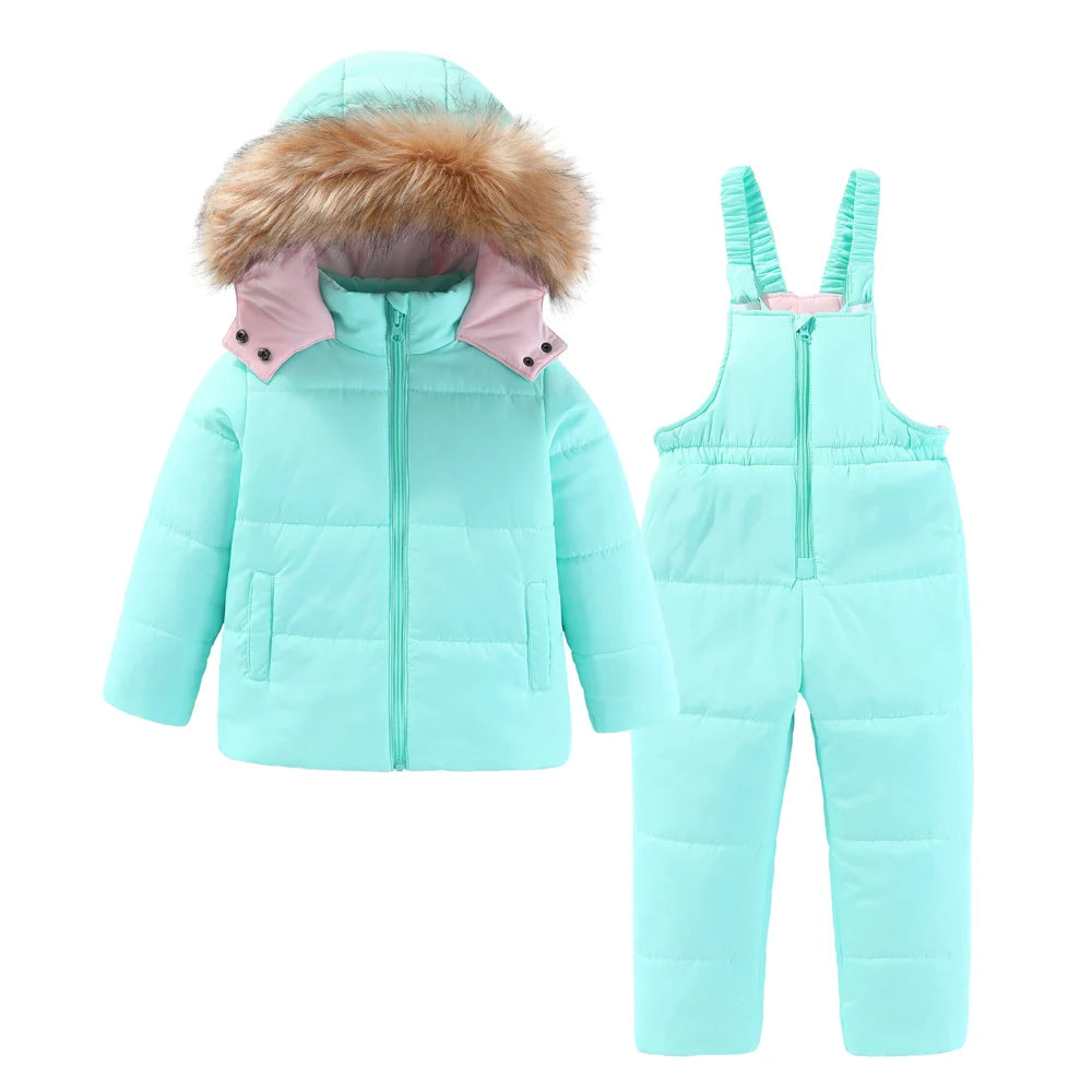 4-8T Kids Girls Ski Suits Hooded Snowboard Coats Children Winter Warm Pant Outdoor Sportwear Thick Cotton Snowboard Skiing Suit