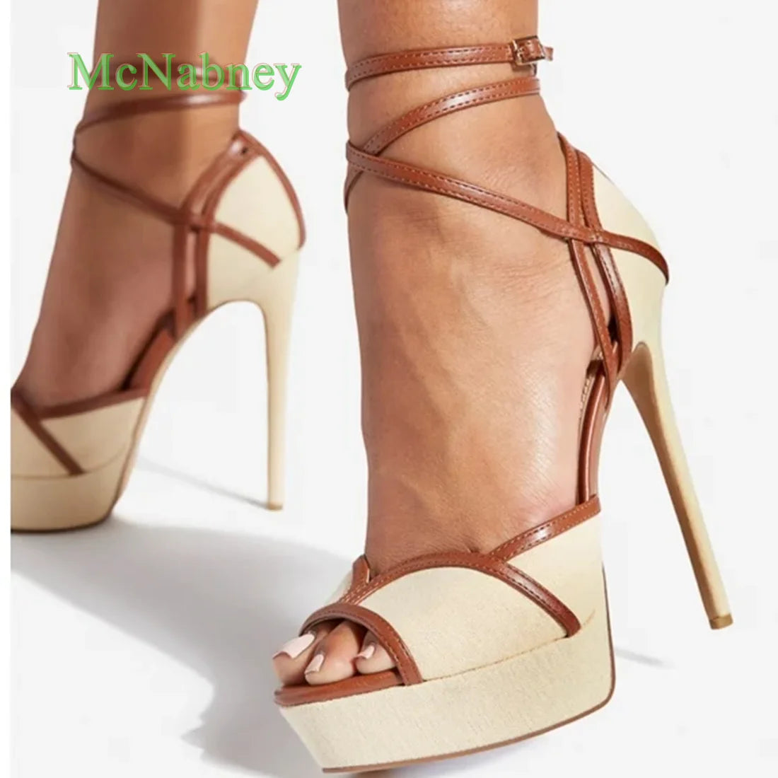 Beige Platform Round Peep Toe Women Sandals Thin High Heels  Cross Strap Summer Stilettos Sexy Shoes 2025 New Arrivals Solid