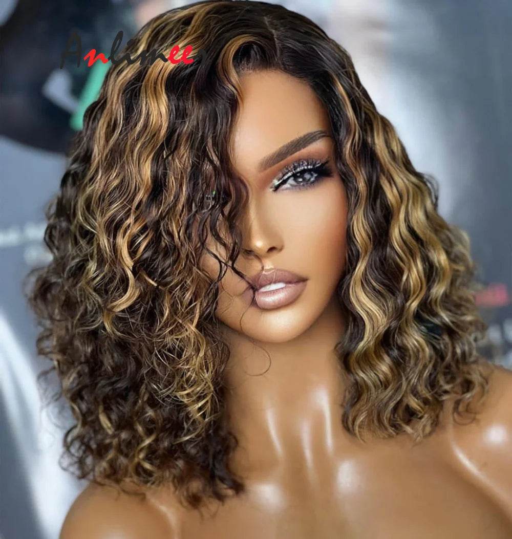 Silk Base Wig Strawberry Blone Highlight Wigs Short Curly Lace Front Wigs Human Hair Pre Pluncked With Baby Hair for Black Women - AIAZ