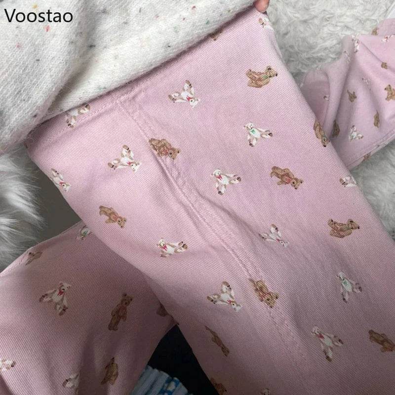 Pink Jeans Women Sweet Cute Cartoon Bear Print High Waist Wide Leg Pants Vintage Girls Casual Y2k Aesthetic Loose Denim Trousers - AIAZ