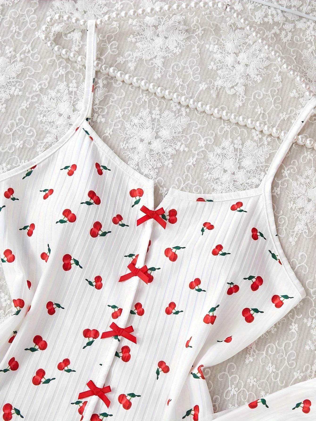 Women's Pajamas Set V-Neck Sleeveless Camisole Vest Cherry Printed Knitted Splicing Mesh Pants Sexy Home Pijama 2 Piece Woman - AIAZ