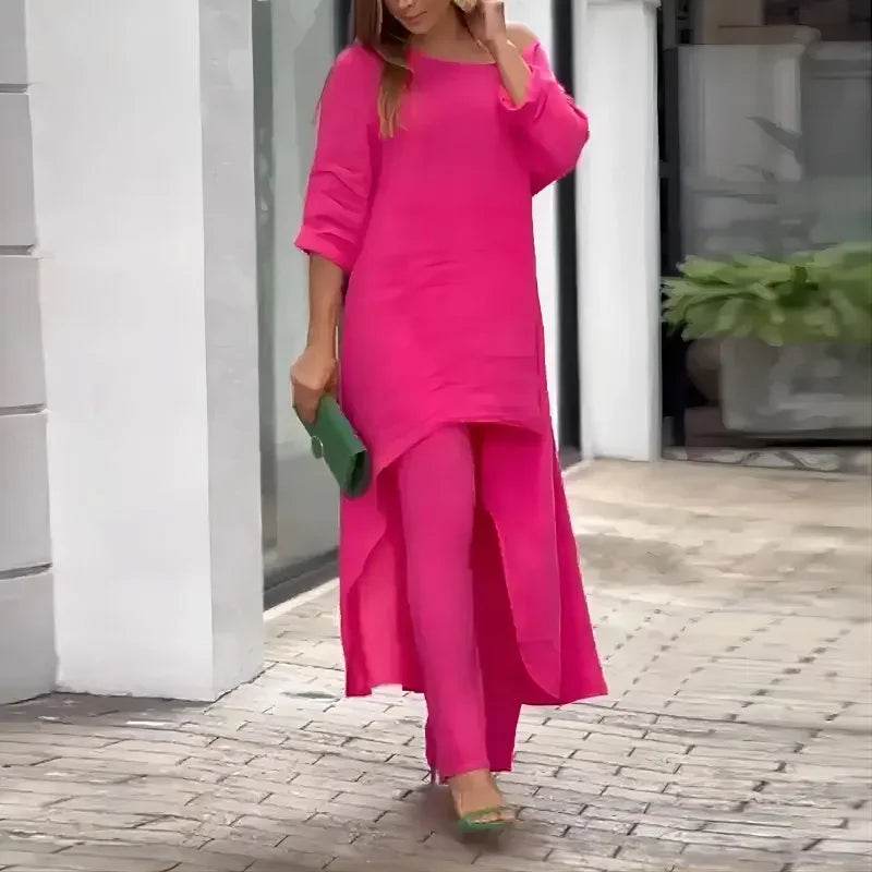 Women's Sets 2 Pcs Sale Casual O-Neck Long Sleeve Asymmetrical Dress& High Elastic Waist Wide Leg Solid Pant Suits Plus Size - AIAZ