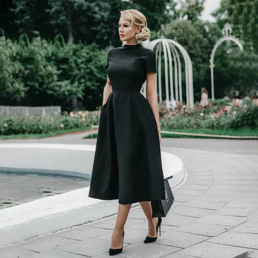 2022 Women Elegant Black Dress Half High Collar High Waist A-Line Dresses Slim Fit Midi Dress Office Lady Female Solid Vestidos - AIAZ