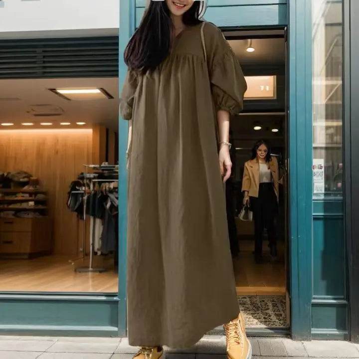 Muslim Fashion Dresses New Middle East Dubai Muslim Solid Color Loose V-neck Puff Sleeve Casual Cotton Polyester Dress - AIAZ