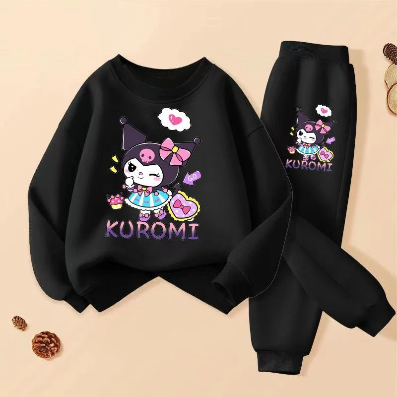 SANRIO Spring Autumn Children Clothing Sets Cartoon Kuromi Print Girls Sweatshirt  2pcs Suit Breathable Thin Kids Tracksuit