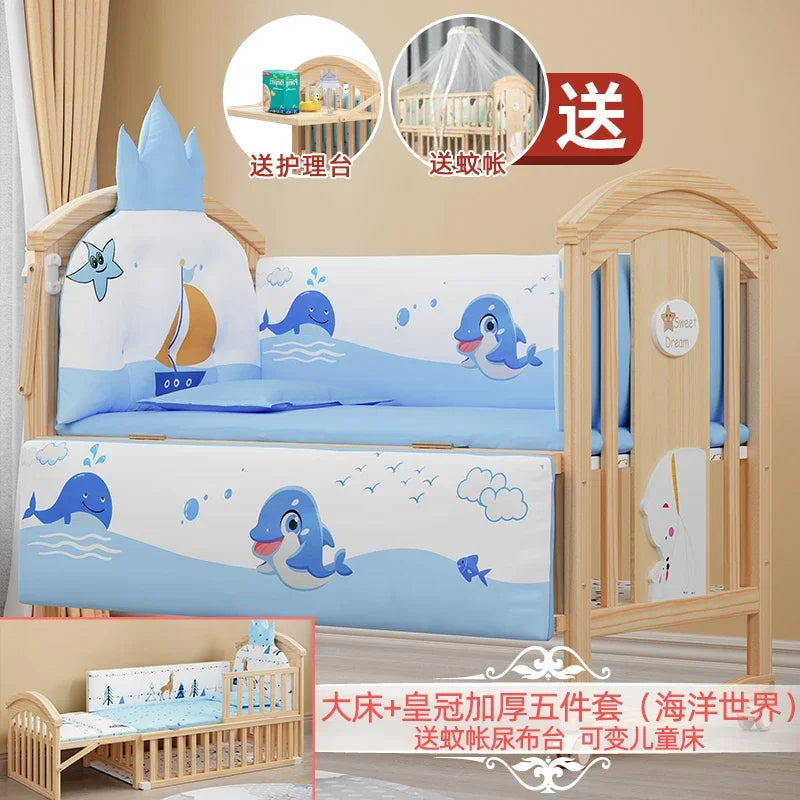 Baby Crib Multifunctional BB Baby Crib Solid Wood Unpainted Cradle Bed Movable Newborn Children Splicing Large Bed