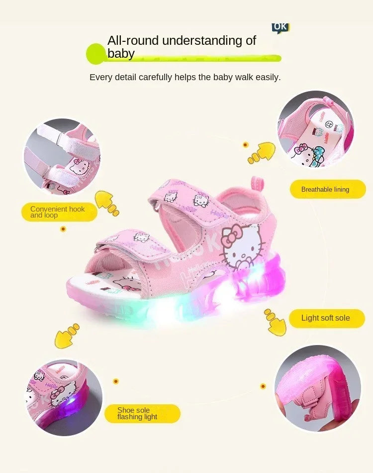 2024 Summer Baby LED Light Sandals For Girls Cute Hello Kitty Children's Casual Shoes Anti-slip Kids Beach Shoes Outdoor Shoes