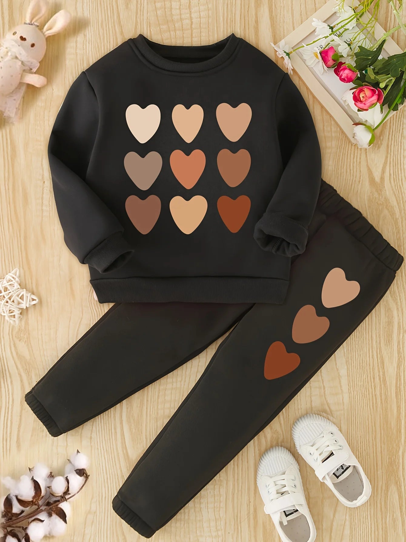 Autumn Kid Girls Clothes Set Colorful Heart Printed Sweatshirts Pullover Top And Pants 2 Pieces Suit Children Sweet Tracksuits