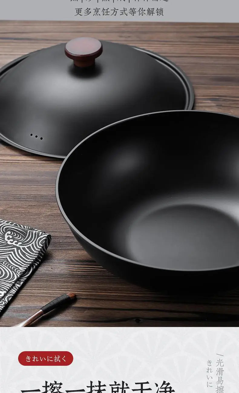 Japanese Iron Pan Wok Frying Pans, Flat Bottom Cast Iron Pans Are Convenient for Induction Cookers and Gas Stoves