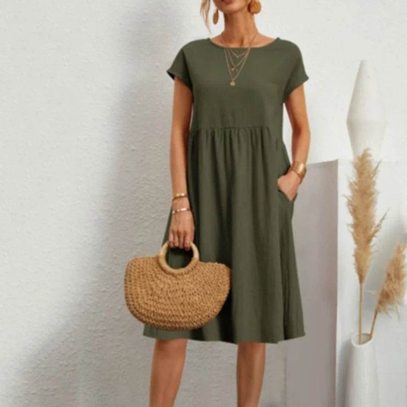 Women's Dresses 2025 Summer Fashion Casual Dresses Women Loose Mid Length Over Knee Dress New Short Sleeve Solid Dress Woman - AIAZ